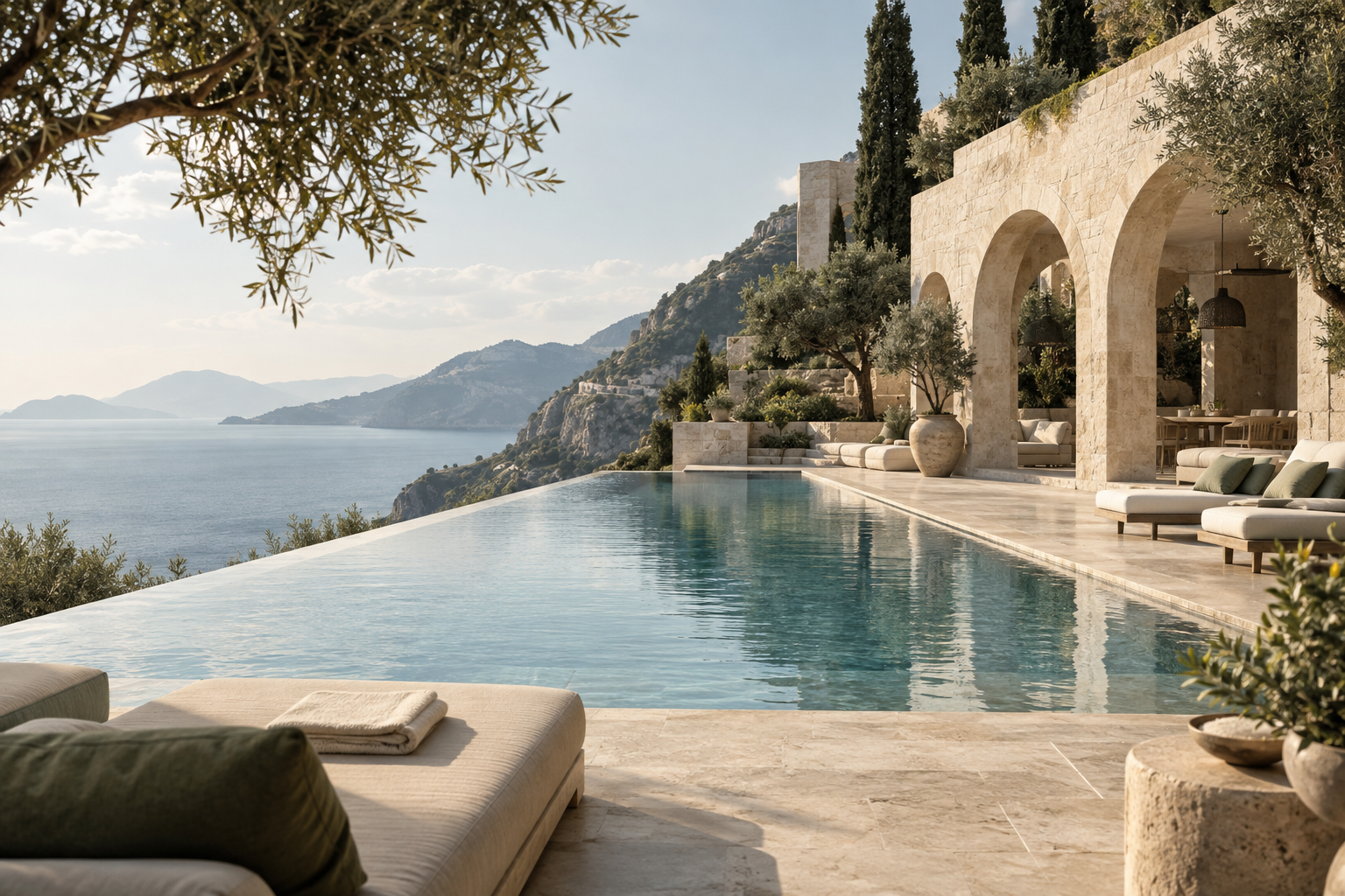 Illustrative Mediterranean hotel terrace with a pool and sea views